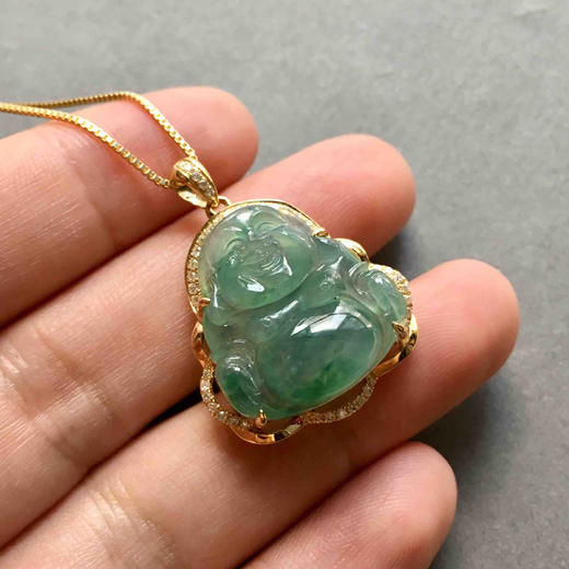 冰种晴水绿飘阳绿翡翠弥勒佛18k黄金钻石镶嵌 商品图6