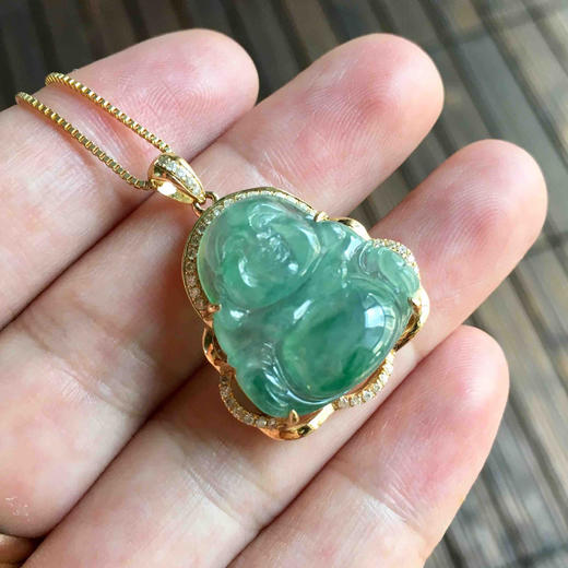 冰种晴水绿飘阳绿翡翠弥勒佛18k黄金钻石镶嵌 商品图8