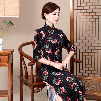 q180209新款秋冬丝绒旗袍2018长款高开衩修身立领花朵