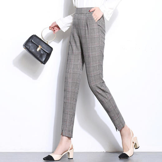1025下架格子裤女九分裤早秋弹力条纹高腰开叉格纹小脚休闲女裤al1898