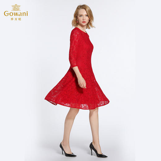 乔万尼春季修身气质七分袖喜宴装红色蕾丝连衣裙中长款EB3E222 商品图1