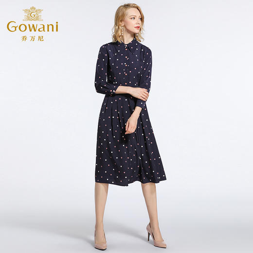 乔万尼春装女波点气质修身高腰衬衫式雪纺连衣裙中长款EB3E207 商品图1