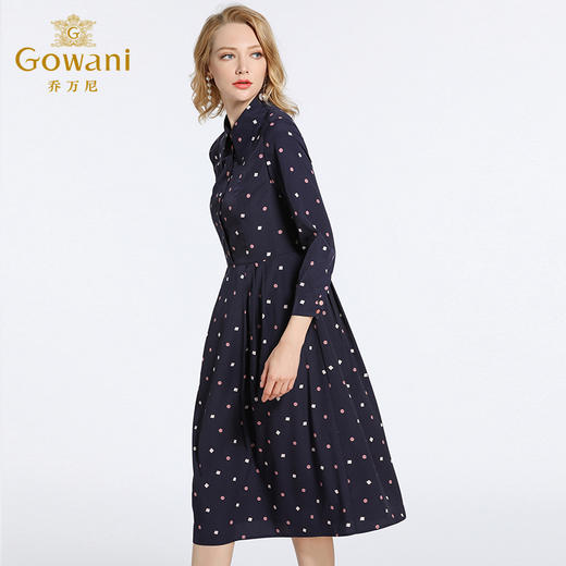 乔万尼春装女波点气质修身高腰衬衫式雪纺连衣裙中长款EB3E207 商品图2