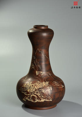 杨恩泉单色刻填宋绍棠隐居图蒜头瓶