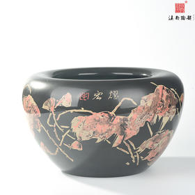 毛耀宏覆色刻填秋荷韵风水缸