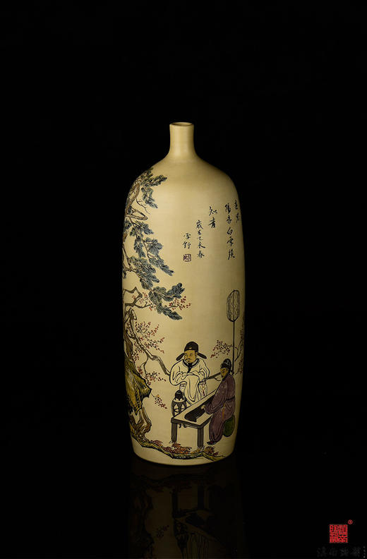 周伟覆色刻填听琴图小口梅瓶 商品图2