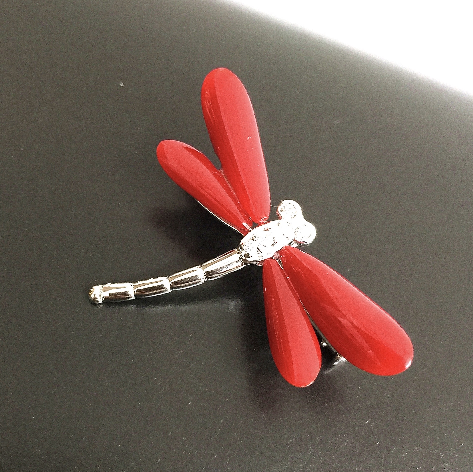 牛血色珊瑚蜻蜓款胸针吊坠两用款