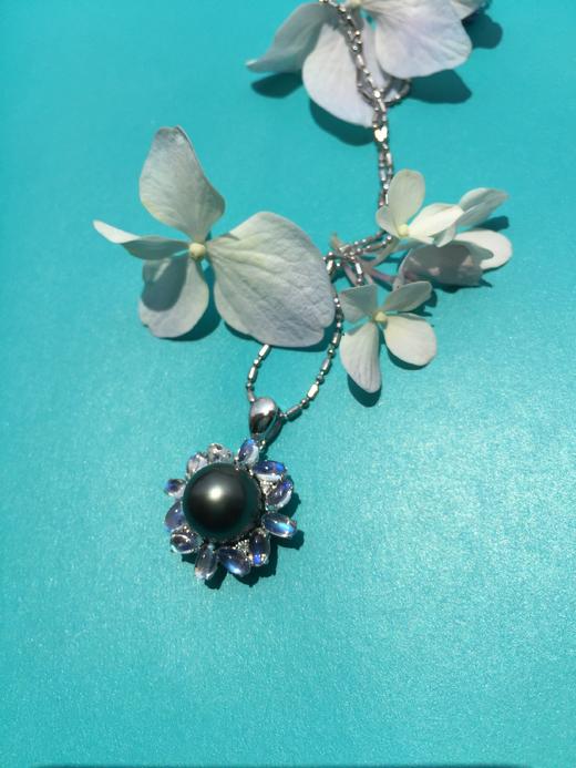 10-11mm南洋黑珍珠配镶月光石戒指和吊坠套装 商品图2