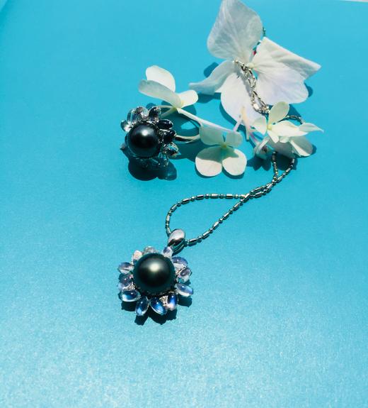 10-11mm南洋黑珍珠配镶月光石戒指和吊坠套装 商品图0