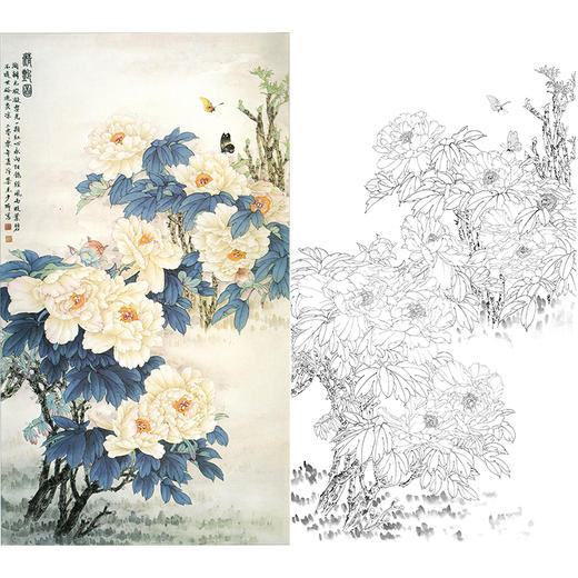 竖幅工笔花鸟白描底稿-王少卿牡丹-WK16 商品图0