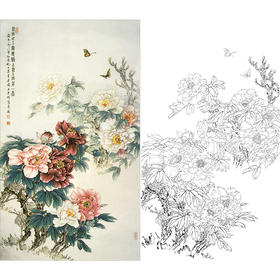 竖幅工笔花鸟白描底稿-王少卿牡丹-WK15