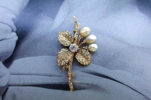 古董野生珍珠钻石胸针 商品图1