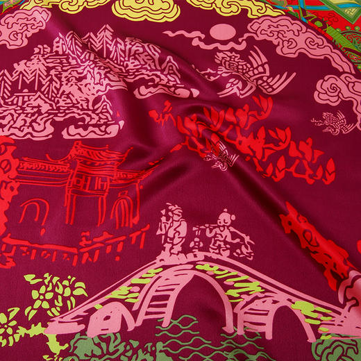 SAINTJOY/上久楷 女式真丝方巾 红色绸都风情 FJ14023 商品图3