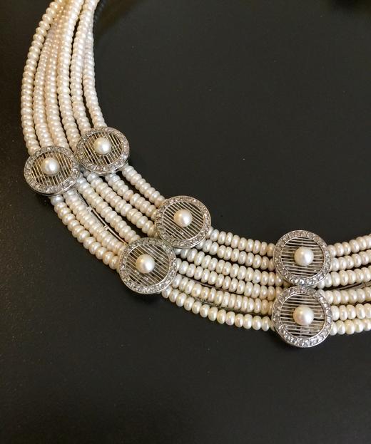 新艺术时期古董珍珠钻石项链 商品图0