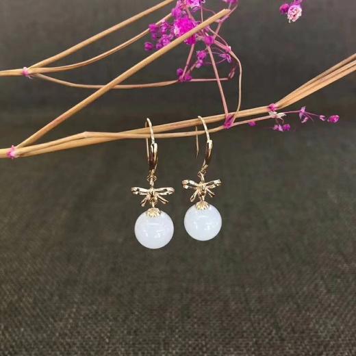 18K玫瑰金和田玉（白玉）玉珠蝴蝶结耳饰 /玉珠8mm/总长25mm 商品图1