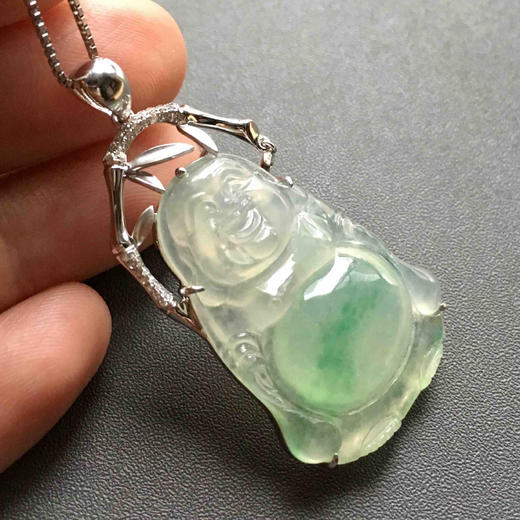 冰种阳绿俏色翡翠站佛18k白金钻石镶嵌 商品图6