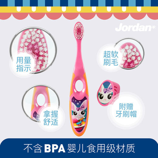 老米优品/ 挪威180年的老品牌，专业口腔。是喜欢的设计！安全无毒材质，人性化可爱抓握手柄！从0岁到成人的软毛牙刷和药膏，都在这里了！挪威Jordan进口！婴幼儿童牙刷 宝宝训练护齿乳牙刷细柔软毛 商品图3