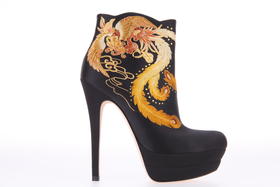 sheme《百鸟朝凤》经典黑金刺绣高跟短靴