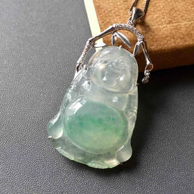 冰种阳绿俏色翡翠站佛18k白金钻石镶嵌