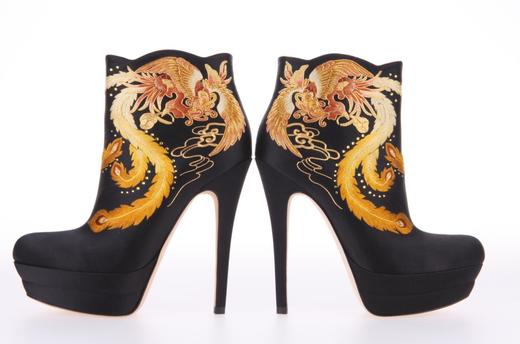 sheme《百鸟朝凤》经典黑金刺绣高跟短靴 商品图2