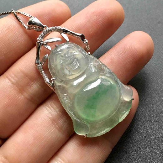 冰种阳绿俏色翡翠站佛18k白金钻石镶嵌 商品图5