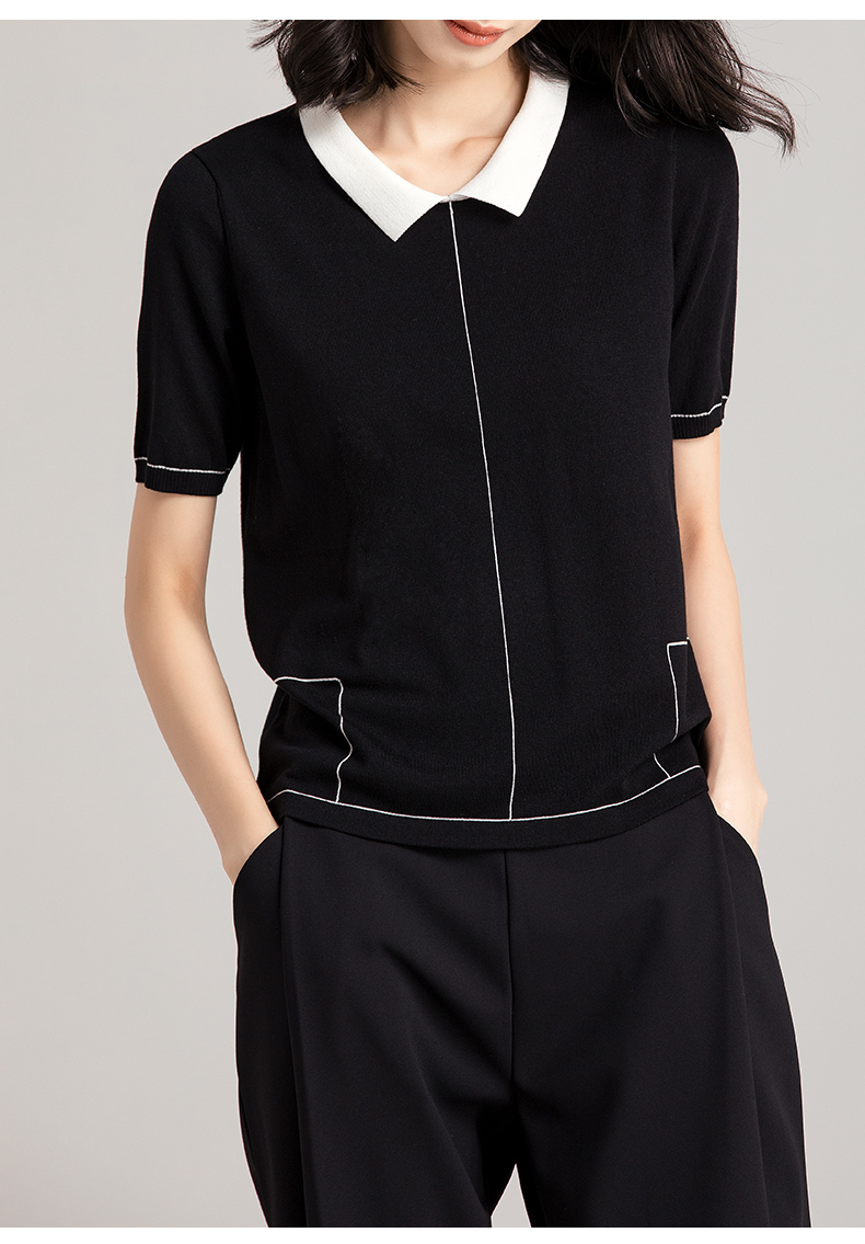 新款天丝翻领撞色针织衫针织套头短袖