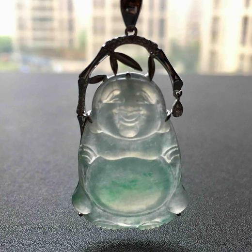 冰种阳绿俏色翡翠站佛18k白金钻石镶嵌 商品图8