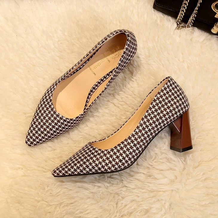 格子高跟鞋秋季粗跟浅口显瘦单鞋格子高跟鞋