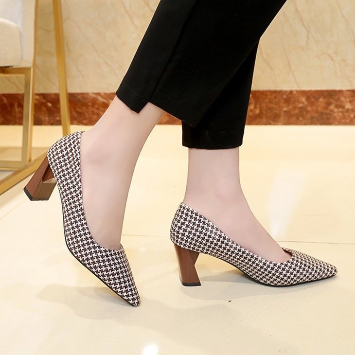 格子高跟鞋秋季粗跟浅口显瘦单鞋格子高跟鞋