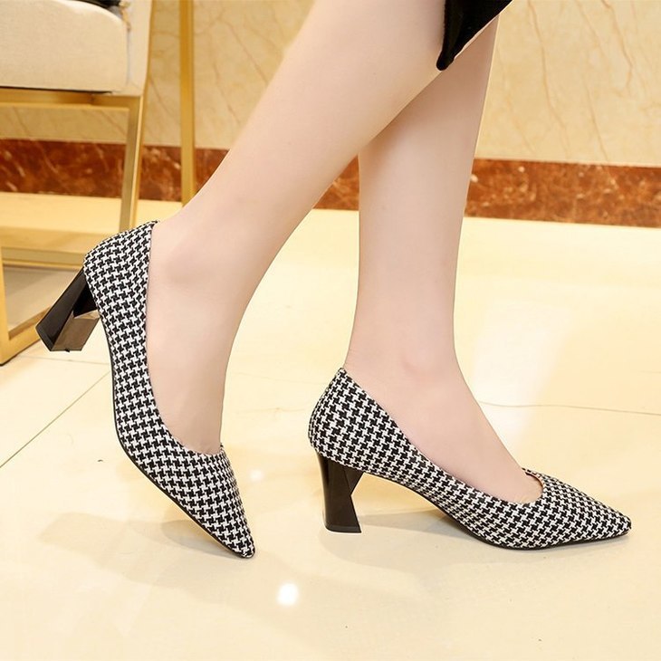 格子高跟鞋秋季粗跟浅口显瘦单鞋格子高跟鞋