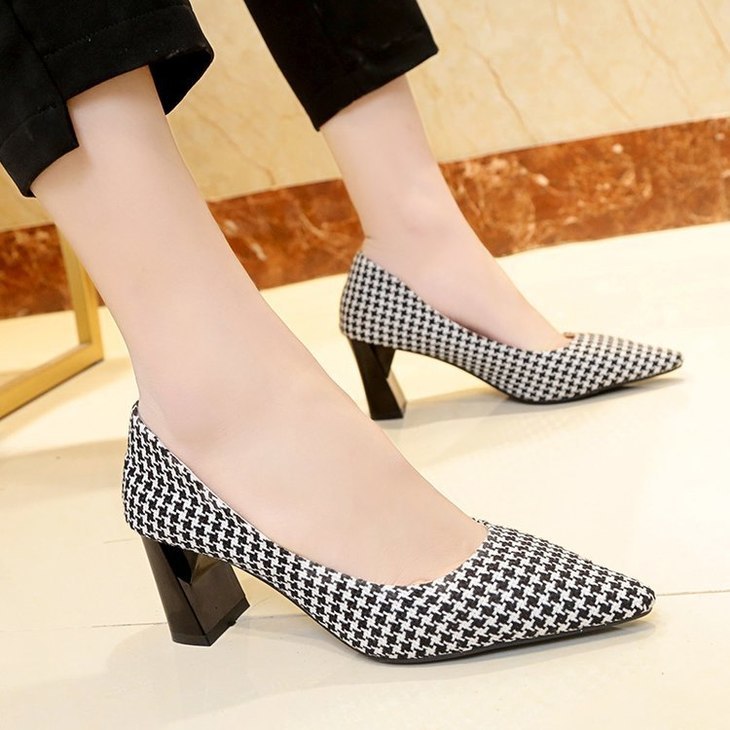 格子高跟鞋秋季粗跟浅口显瘦单鞋格子高跟鞋