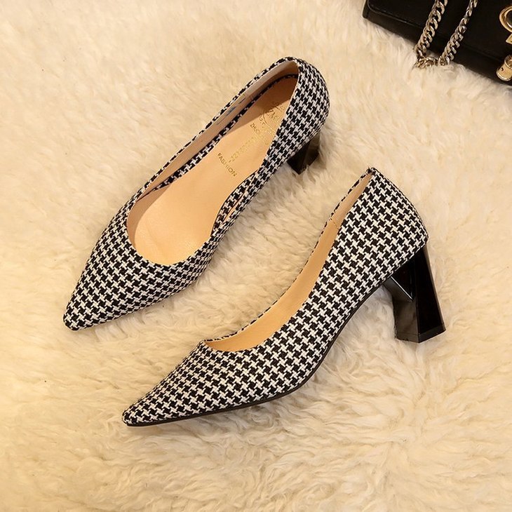 格子高跟鞋秋季粗跟浅口显瘦单鞋格子高跟鞋