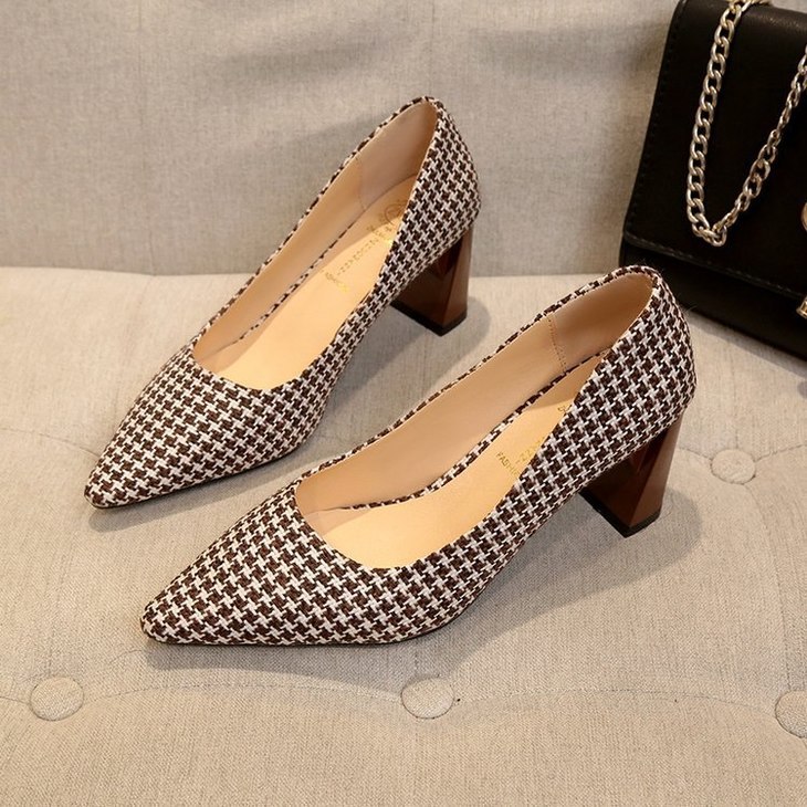 格子高跟鞋秋季粗跟浅口显瘦单鞋格子高跟鞋