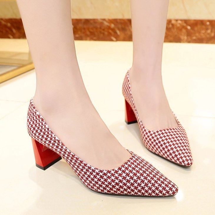 格子高跟鞋秋季粗跟浅口显瘦单鞋格子高跟鞋