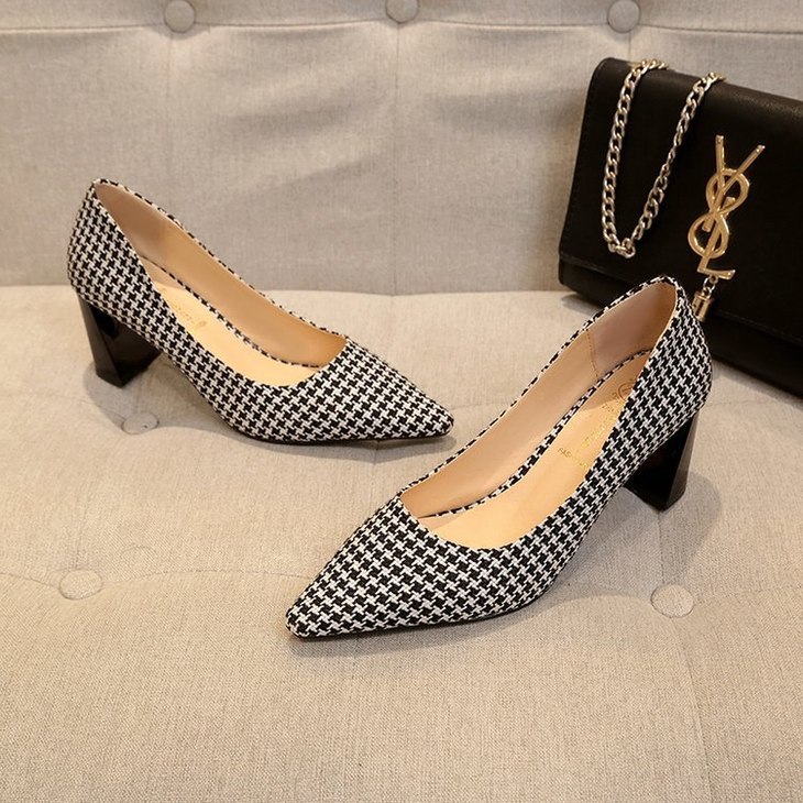 格子高跟鞋秋季粗跟浅口显瘦单鞋格子高跟鞋