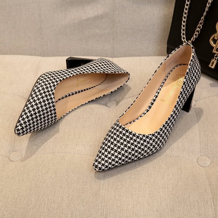 格子高跟鞋秋季粗跟浅口显瘦单鞋格子高跟鞋