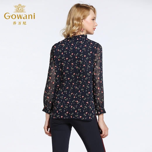 乔万尼春装女上衣时尚气质直筒立领小碎花长袖雪纺衬衫EB3C213 商品图3