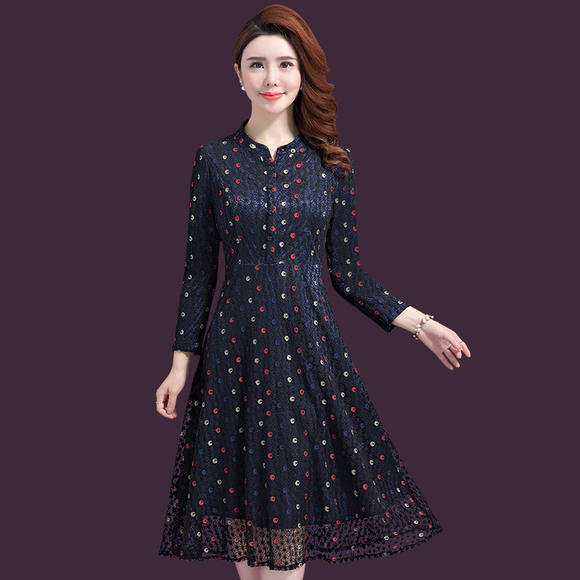 YMR-8195-秋季气质名媛蕾丝大码中长款连衣裙  唐织绾