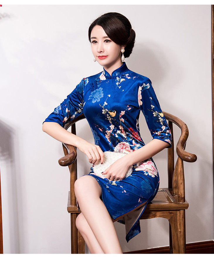 szm709012改良丝绒旗袍裙宴会旗袍金丝绒旗袍连衣裙