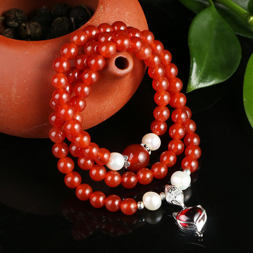 新款天然淡水珍珠红玛瑙3层手串nm80001