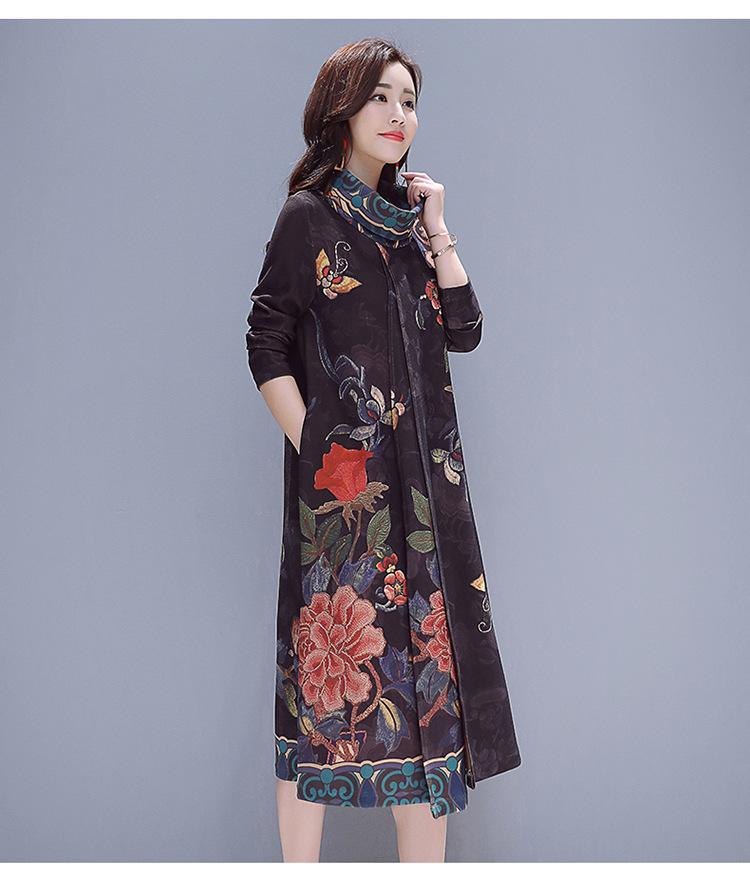 gn918nb假两件印花长袖连衣裙 - 唐织风女装商城