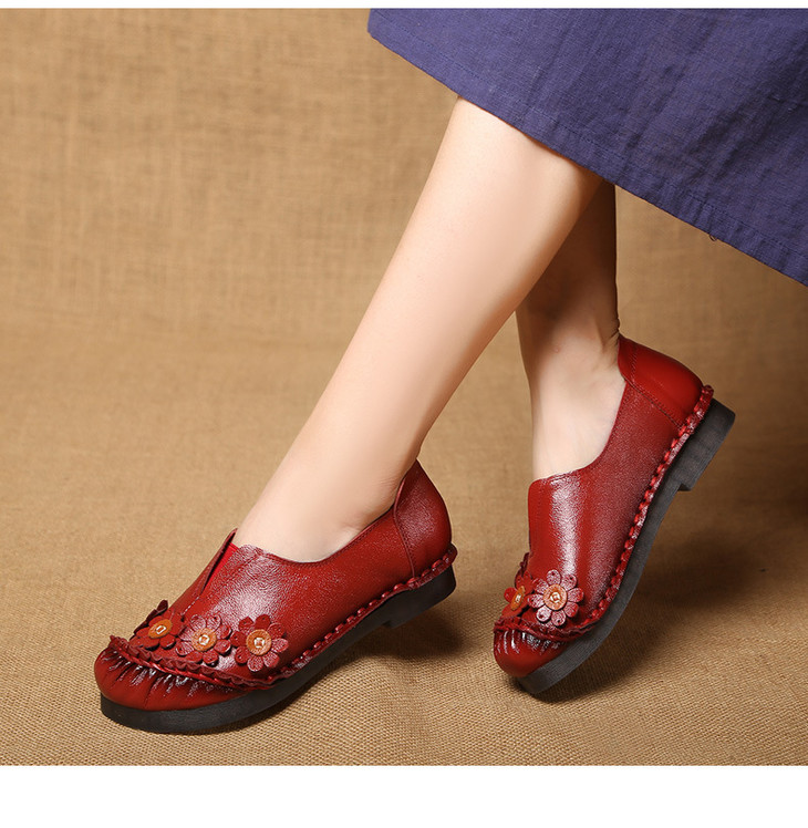 mld956民族风复古花朵牛皮软底女鞋