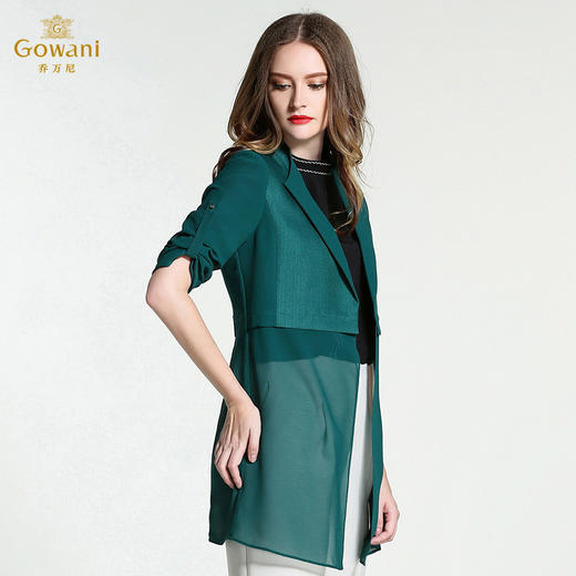乔万尼女装秋季中长款七分袖西装领纯色风衣外套e163a529405