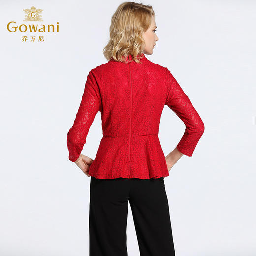 乔万尼衬衫女长袖春装小立领修身高腰红色蕾丝红装上衣EB3C223 商品图3