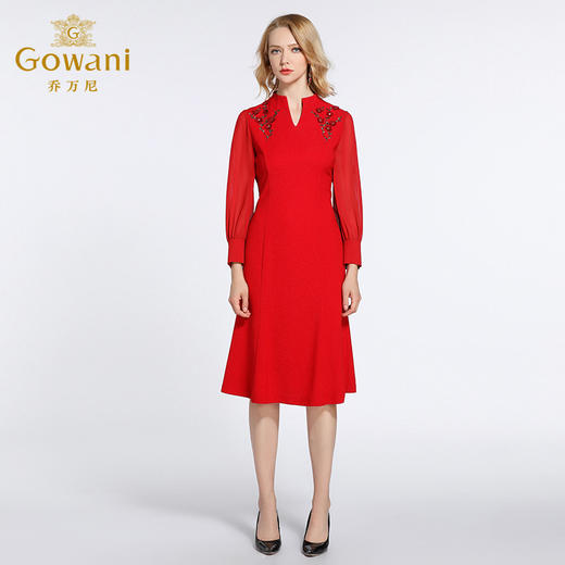 乔万尼春装女春季半高v领修身红色典雅喜宴长袖连衣裙EB3E236 商品图2