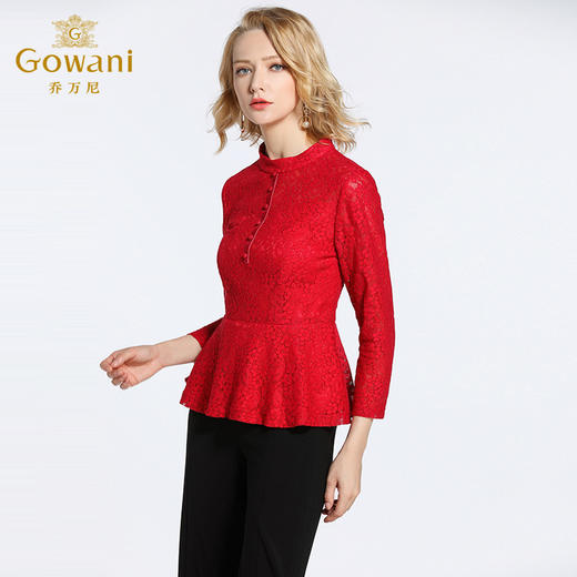 乔万尼衬衫女长袖春装小立领修身高腰红色蕾丝红装上衣EB3C223 商品图1