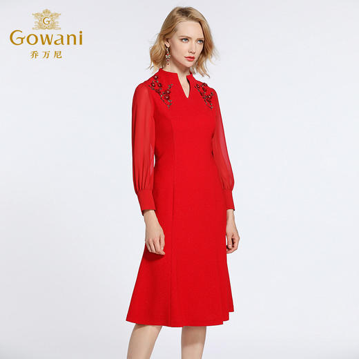 乔万尼春装女春季半高v领修身红色典雅喜宴长袖连衣裙EB3E236 商品图1