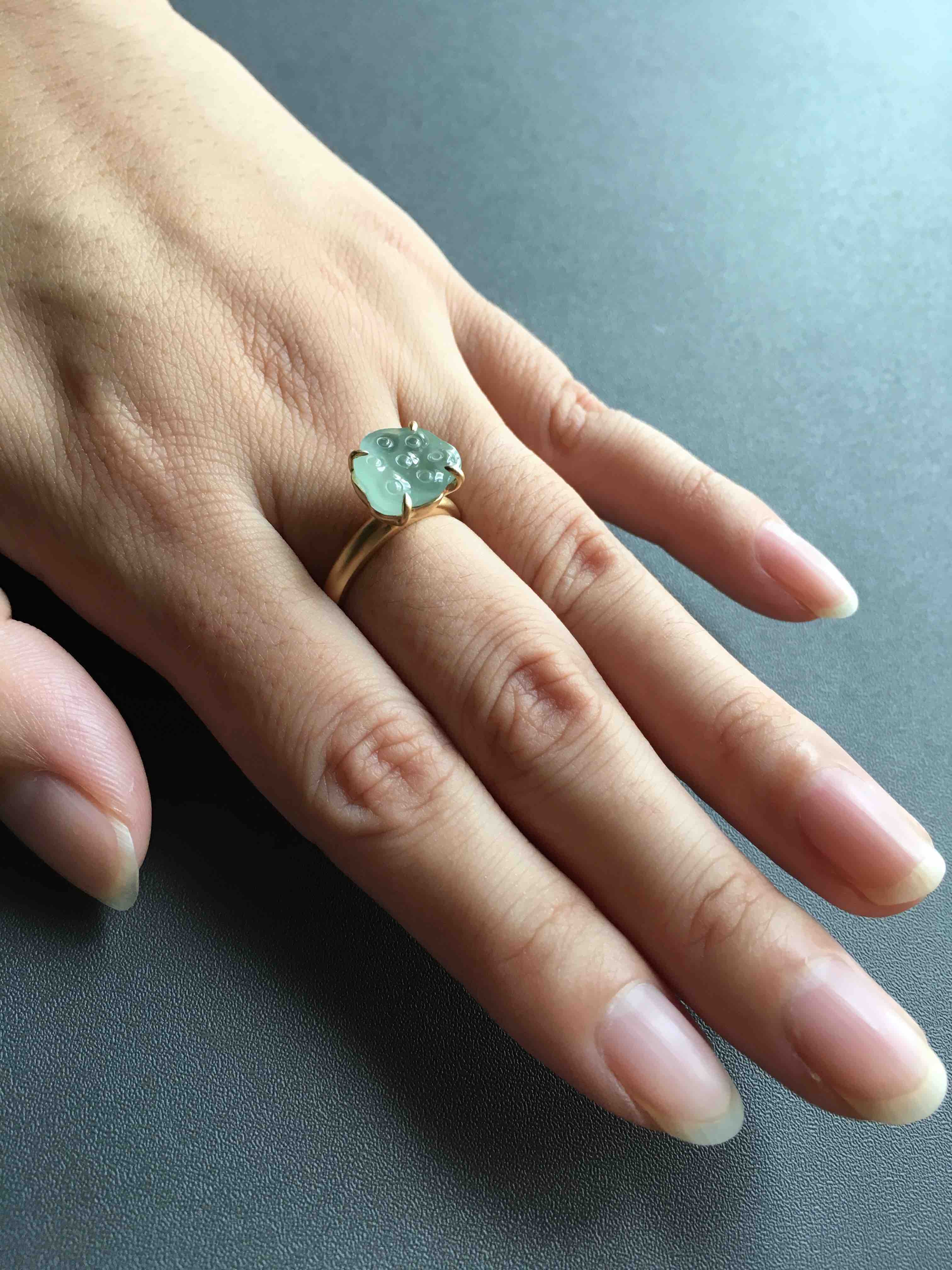 高冰种翡翠莲蓬戒指18k黄金镶嵌