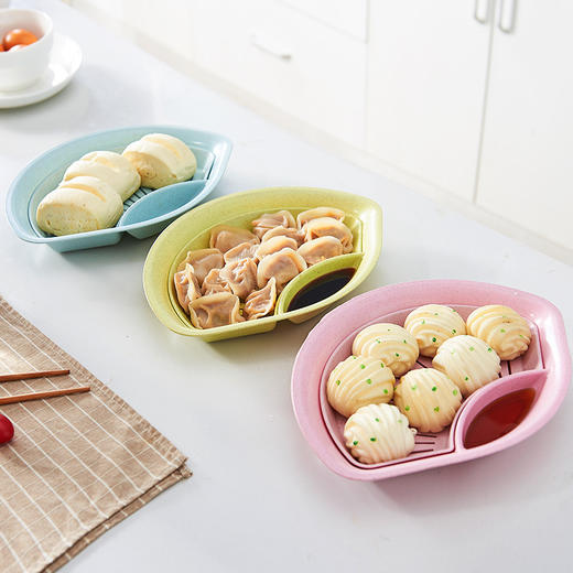 家用双层沥水盘 小麦秸秆创意饺子盘带醋调料碟扇形餐盘 商品图0