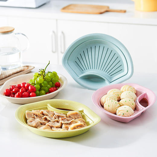 家用双层沥水盘 小麦秸秆创意饺子盘带醋调料碟扇形餐盘 商品图1